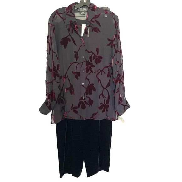 New Silk Club Burnout Red Velvet Button Down Blouse Black Pant Set Women M - Picture 2 of 8